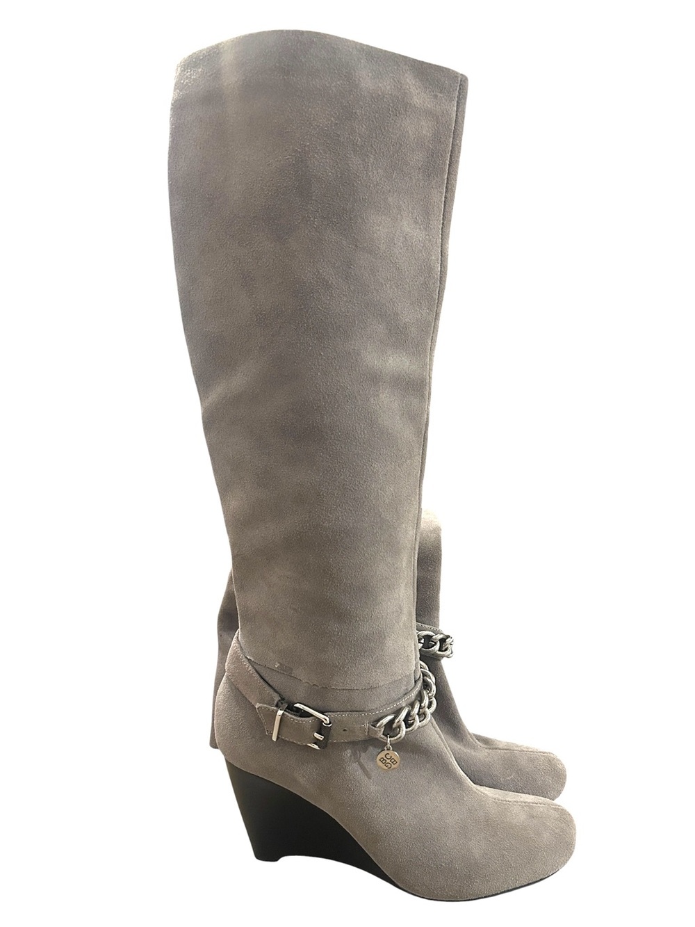 BCBGeneration Gray Suede Knee-High Tall Round Toe Wedge Heel Boots Women 8